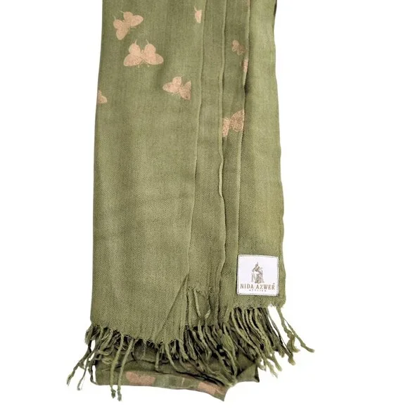 Pakistani NIDA AZWER ATELIER Scarf, Stole, Wrap 78 x 28 Green Gold Butterflies - Picture 7 of 12